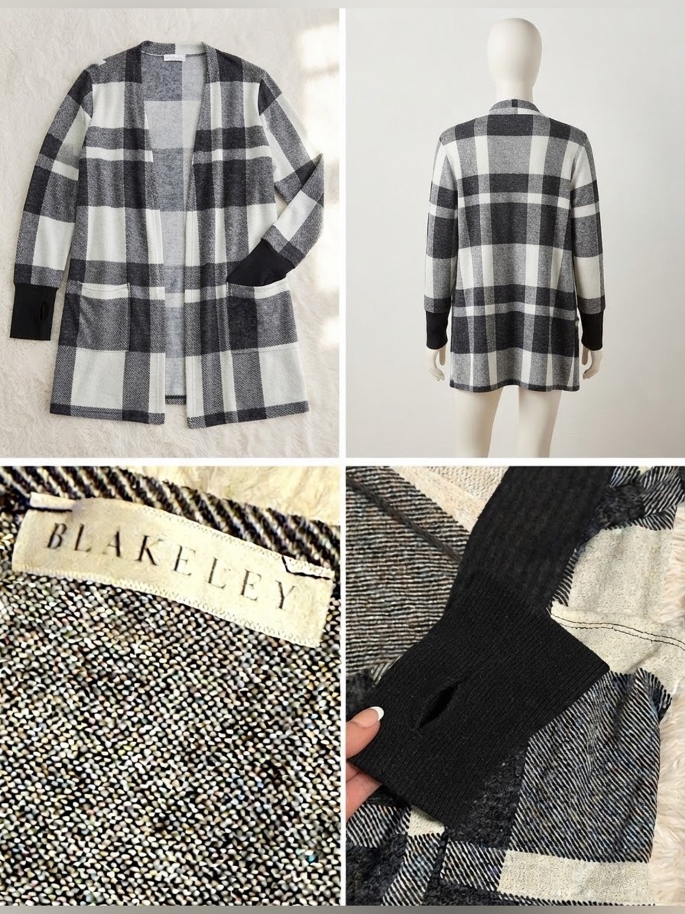 Blakeley Black White Buffalo Plaid Cardigan Thumbhole Sleeves L/XL holidays
